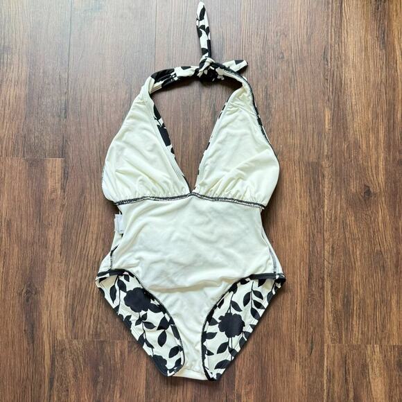 Kate Spade New York 'Geranium Grove' Belted Plunge Halter 1Pc Black White Floral - Picture 7 of 12